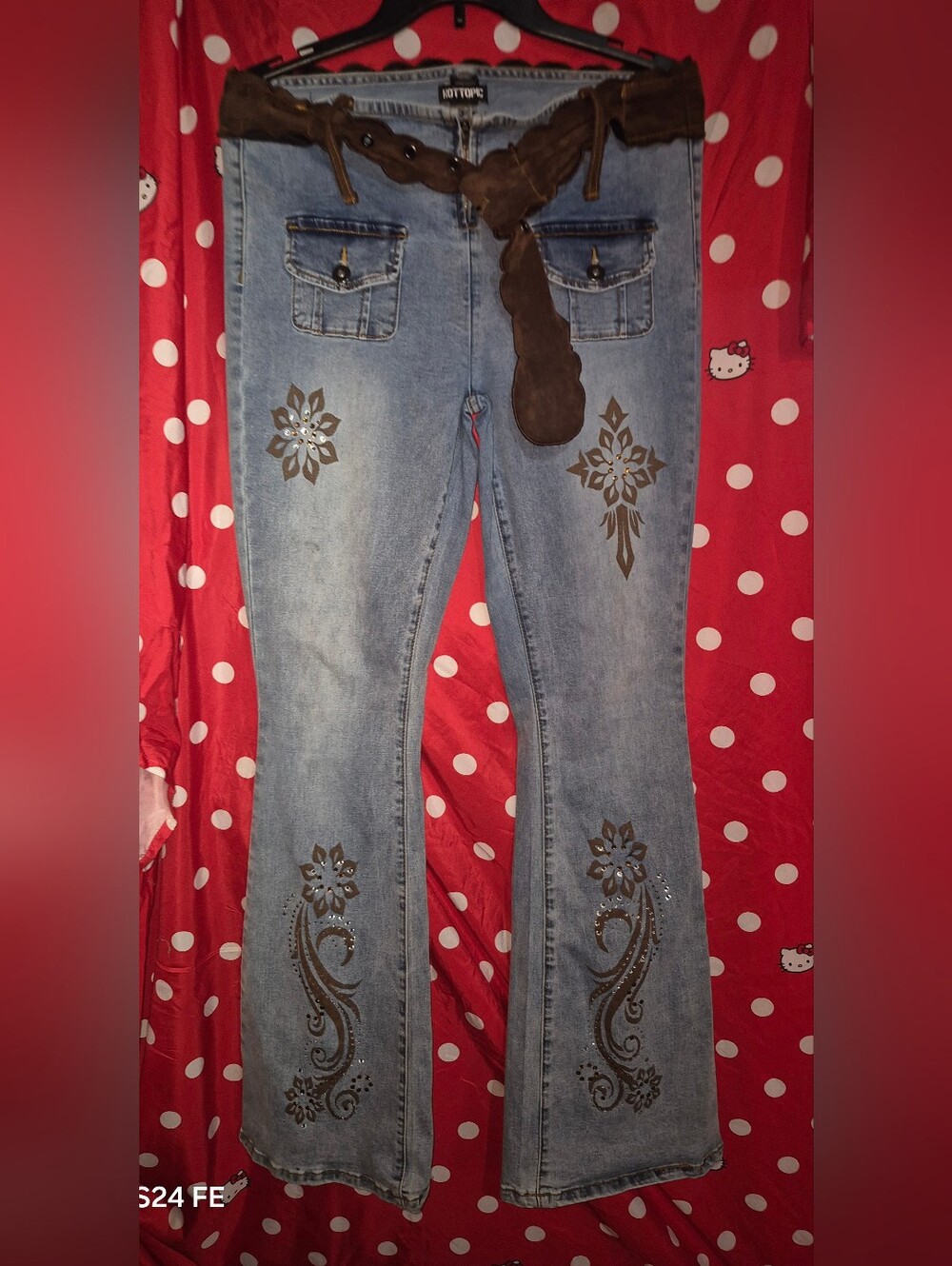 Hot Topic Light Blue Flare Jeans with Brown Floral Appliqués